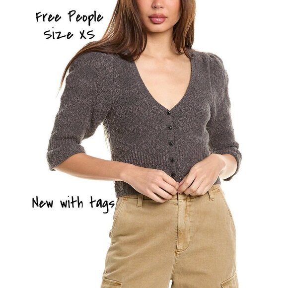 Free People Puff Sleeve Cropped Cardigan in Grey, Size XS - New With Tags - Picture 1 of 5